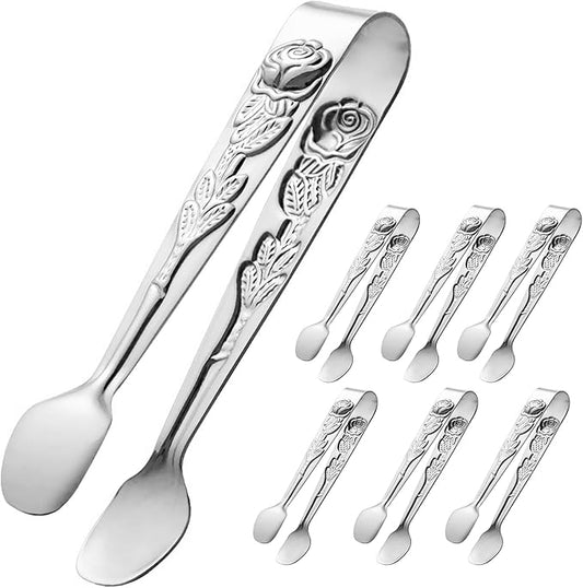 6PCS Mini Serving Tongs 4-Inch Small Rose Sugar Cube Tongs (Silver)