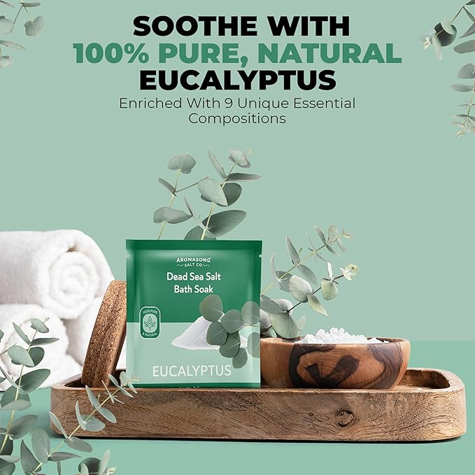 Aromasong Pure Dead Sea Salt 100% Natural Eucalyptus Essential Oil – 2.5 oz. Spa Bath Salt Fine Grain- Christmas Stocking Stuffers for Adults, Kids, Women, and Mens soak Stocking Stuffers for Adults