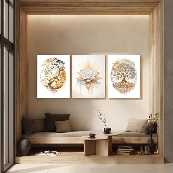GELDSTEI Tree of Life Wall Art, Calming Zen Wall Decor, Abstract Yin Yang Tree Canvas Painting, Modern Gold Lotus Flower Meditation Poster Print for Living Room Yoga Room Bedroom Framed 12"x16"x3