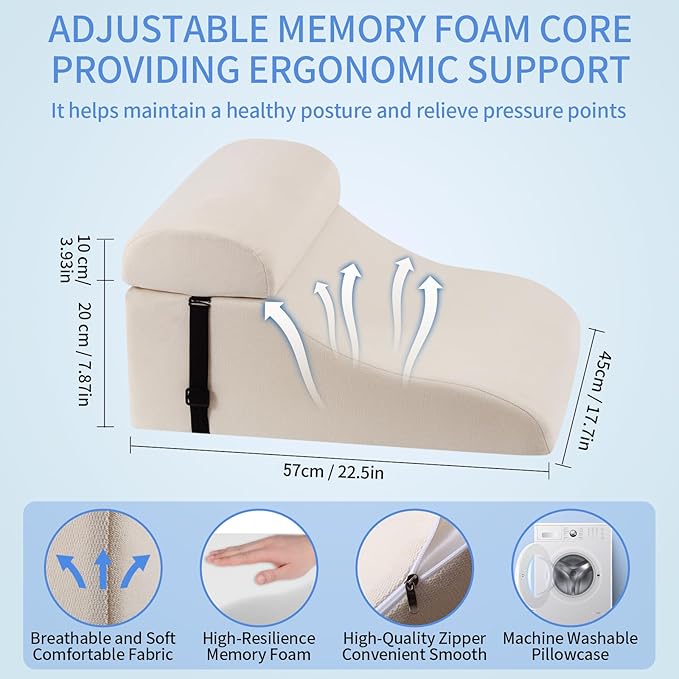 Reading Pillow for Bed Adult, Memory Foam Wedge Pillow Headboard with Adjustable Lumbar Support Backrest Cushion for Sitting in Bed/Resting/Bedrest, Couch or Floor, Beige