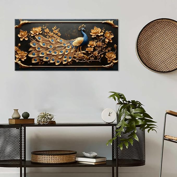 ZESTRILIA Pretty Peacock Wall Art for Living Room Office Gold Country Rustic Retro Asian Canvas Painting Prints Golden Vintage Elegant Peackock Artwork Dining Bedroom Decor (30x16 Inches)