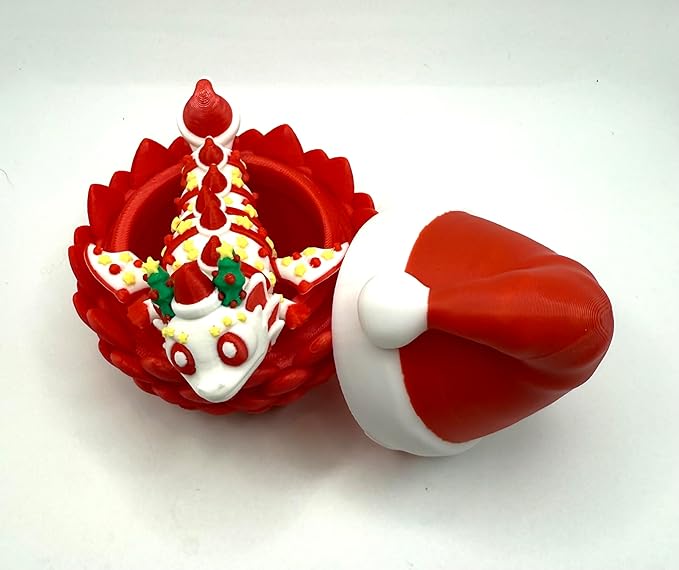 Fidget Toy Dragon Egg Santa Hat Container with Flexible Articulated Christmas Dragon, 3D Printed, Birthday Gift, Christmas Holiday Present, Stocking Stuffer, Easter Basket Filler