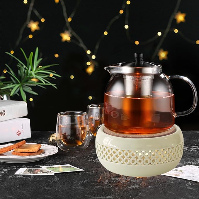 Teapot Warmer, Ceramic Teapot Heater with Cork Cushion Coffee Tea Warmer for Glass, Stainless Steel, Ceramic Teapot and Other Heatproof Dish Warming Use, Green