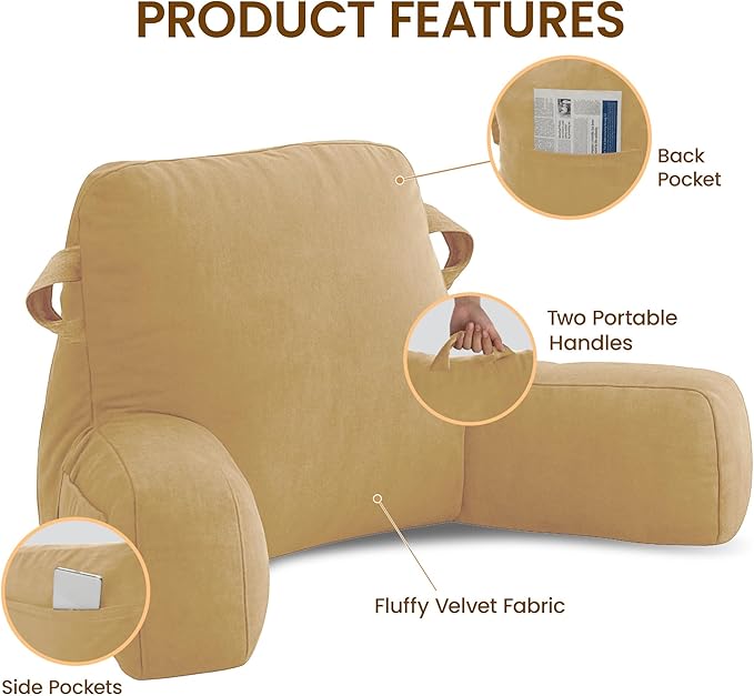 Portable Comfy Reading Pillows for Bed Sitting Up(Camel Oeko-Tex), Velvet Back Pillow with Arms & Pockets for Adults, Support Memory Foam Bed Pillow for Dorm/Reading/Watching/Gaming