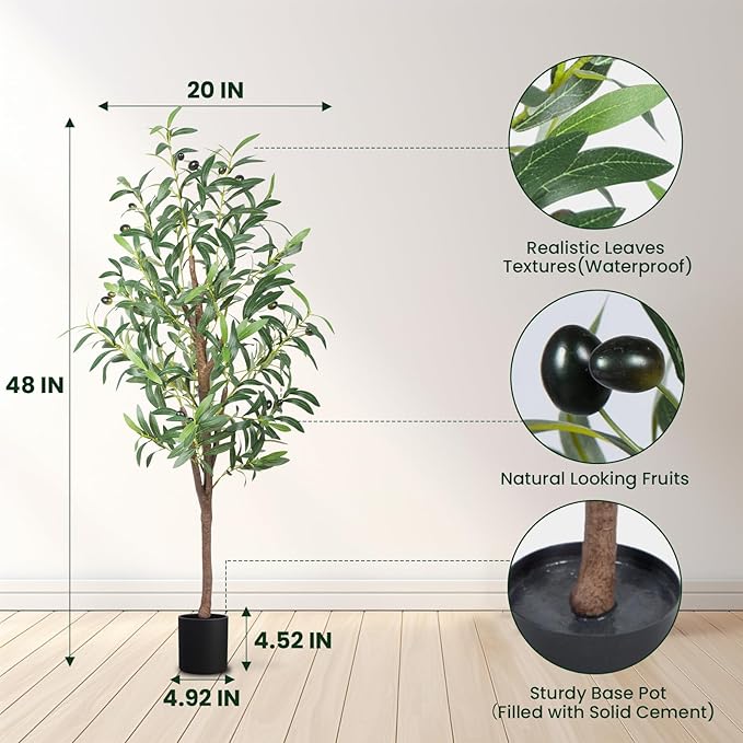 4FT Artificial Olive Tree, Faux Olive Trees 48in Outdoor Fake Potted Silk Plant with Trunk and Realistic 436 Leaves and 16 Fruits for Modern Office Home Decor Indoor 2Pack