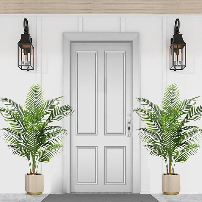 2 Pack Artificial Palm Tree Indoor Plant 5FT Tall Fake Tropical Palm Tree in Pot, Real Bark Design Faux Areca Palm Tree for Home Office Living Room Bedroom Farmhouse Modern Outdoor Topiary Tree