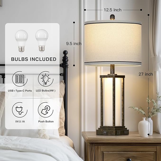 27in Tall Farmhouse Table Lamp Set of 2 with USB C+A & Outlet,Bronze Industrial End Table Lamp for Living Room,Vintage Rustic Bedside Lamps with Night Light for Bedroom Nightstand,Bronze