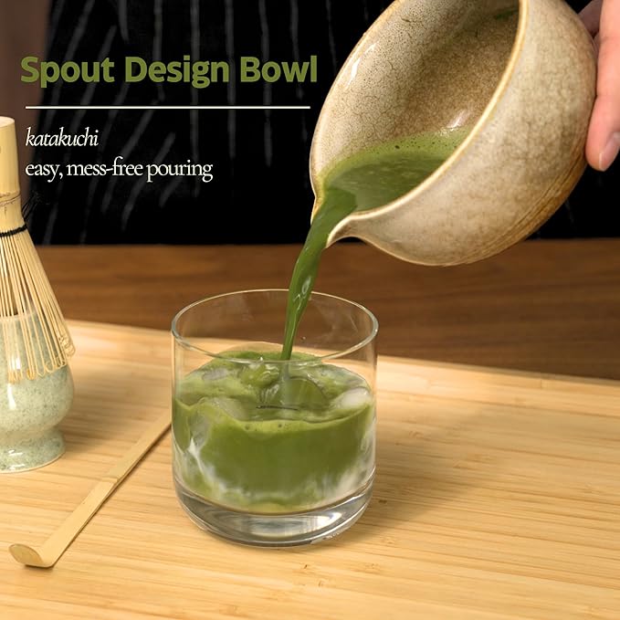 Matcha Set, Handcrafted Bamboo Chasen & Ceramic Bowl, 5 Pcs Matcha Set Whisk and Bowl with Stainless Steel Sifter, Bamboo Scoop & Holder for Matcha Tea Ceremony, Taupe