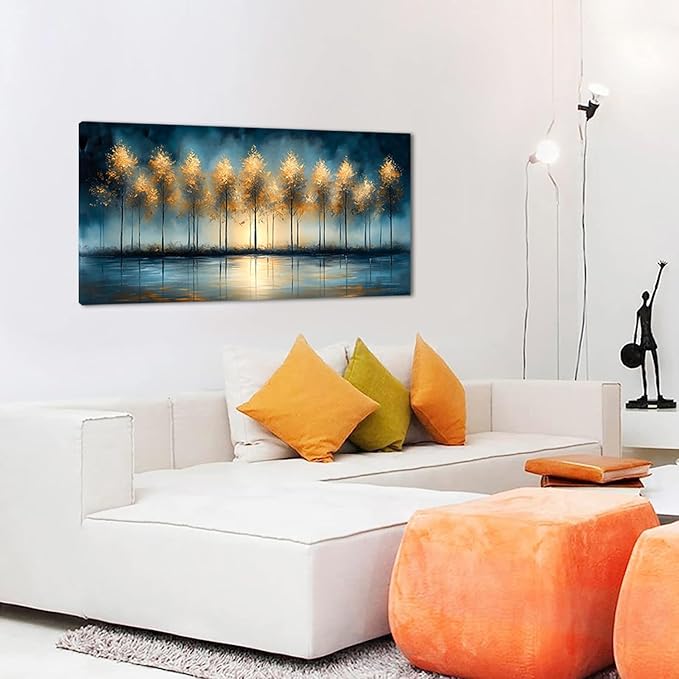 ZESTRILIA Golden Trees Wall Art Impression Canvas Abstract Sunset Oil Painting Reproduction Print Artwork Landscape Picture for Living Room Bedroom Home Office Kitchen Décor (28x58inch)