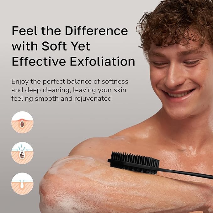 Silicone Back Scrubber with Long Handle - Octagon Body Brush for Shower, Bath, and Exfoliating - Skin Cleansing, Back Scrub and Gentle Silicone Sponge - Wash Your Body with Easy Reach - Black