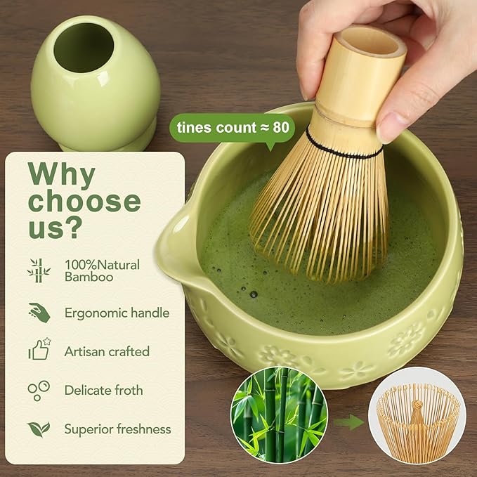 Matcha Whisk Set, Ceramic Bowl with Spout, Bamboo Matcha Whisk & Spoon, Chasen Holder, Scoop Rest, Sifter, 8-Pcs Japanese Matcha Powder Kit–Gift for Ceremony & Matcha Lovers-Matcha Green