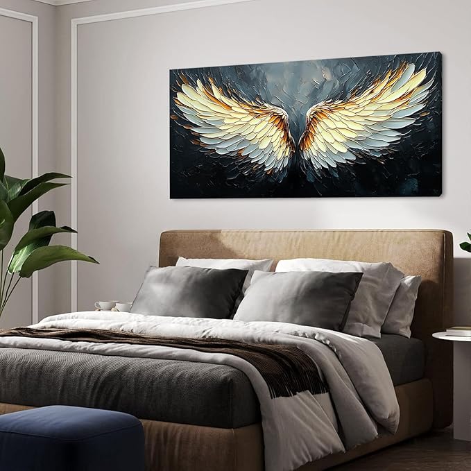 ZESTRILIA Angel Wings Wall Art for Girls Room Gold Gray Canvas Oil Painting Prints Modern Abstract Fantasy Anime Artwork Living Bedroom Office Decor Large (46x23 Inches)