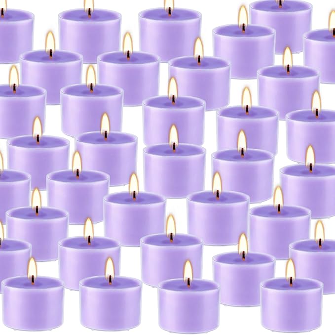 50 Pack Bulk Lavender Scented Tealight Candles in Clear Cup, Purple Wax Votive Candle for Birthdays Weddings Churches Anniversaries & More（8 Hour）