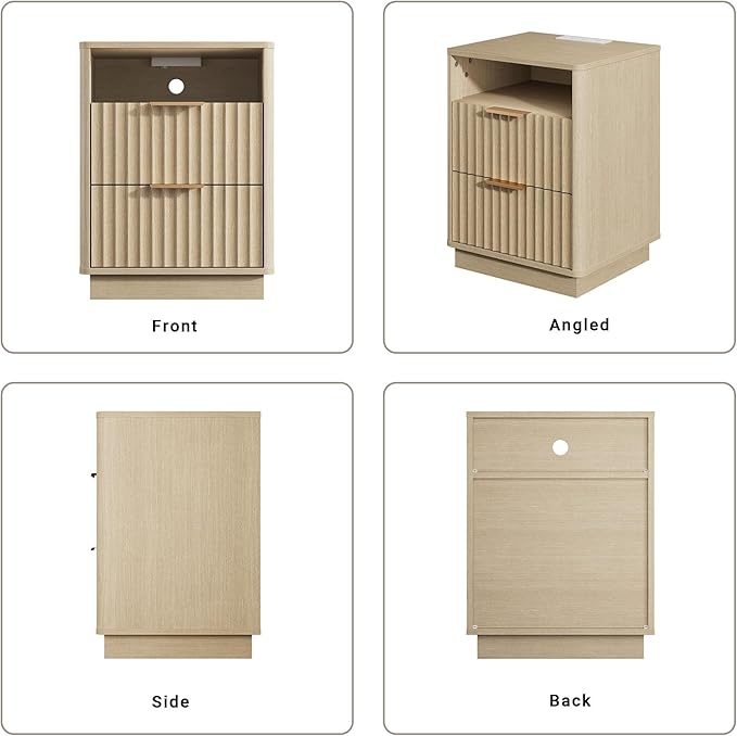 Fluted Nightstand Set of 2 with Charging Station, 18" Modern Farmhouse Night Stand, 2 Drawers End Table with Storage, Bedside Table for Bedroom Home Office, Curved Profile (Natural Oak)