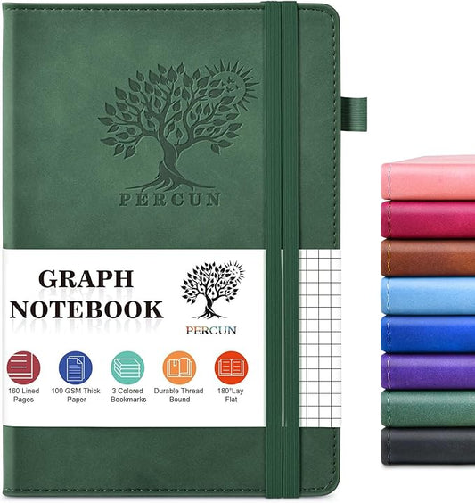 Graph Paper Notebook, 160 Pages Grid Journal for women & men, A5 Hardcover Leather Graphing Notebook for School, Work, Travel, Note Taking 5.9”x8.5” (Green)