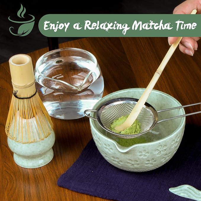 Matcha Whisk Set, 8Pcs Matcha Set Kit include Matcha Bowl, Matcha Whisk and Holder, Bamboo Scoop, Scoop Rest, Sifter and Tea Towel, Matcha Whisk and Bowl Set for Matcha Lovers and Beginers