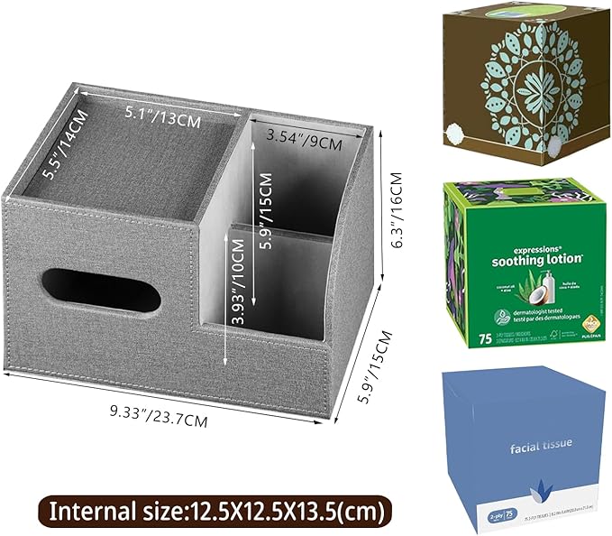 Leather Square Tissue Box Cover with Storage Tray,Cube Tissue Box Holder,Modern Facial Paper Organizer with Remote Control Holder for Bathroom,Vanity Countertop,End Table NightStand Home Office.Grey