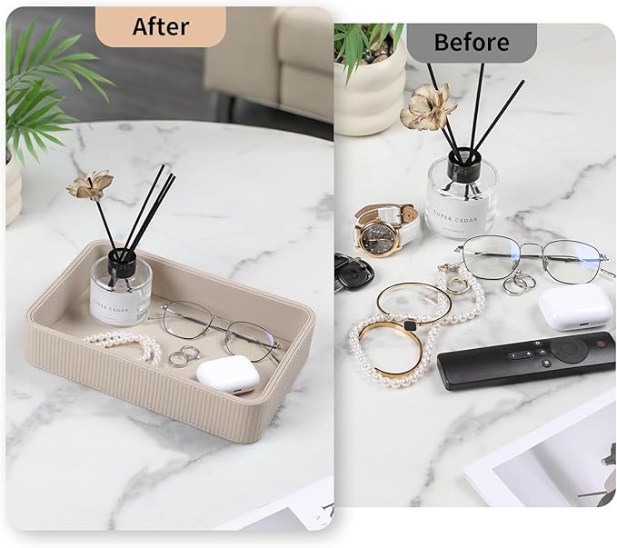 PU Leather Valet Tray Organizer, Modern Nightstand Organizer Bedside Desktop Storage for Womens and Men, Decorative Perfume Trinket Catchall Vanity Tray for Key Watch Wallet (Beige)