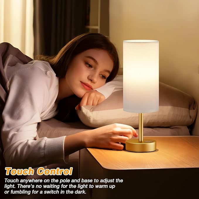 Small Touch Bedside Lamp with USB - 3 Way Dimmable Table Lamp for Bedroom, Nightstand Lamp with Gold Charging Station for Desk Dorm, Office
