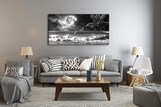Yxbhhym large Black and White Beach Wall Art Moon Sea Ocean Prints Art Coast Canvas Pictures Paintings Seascape Poster Palm Artwork for Wall Office Decor living room Decoration Framed-30x60inches