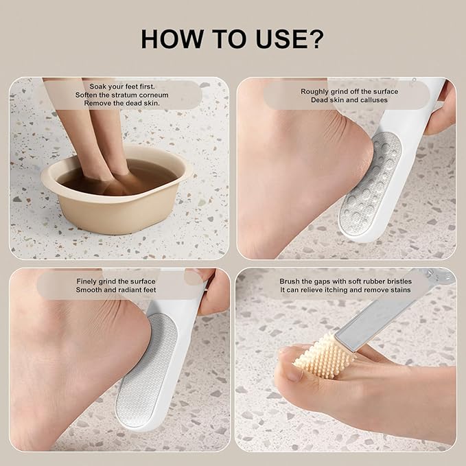 Double-Sided Stainless Steel Foot File, Foot Callus Remover & Foot Scrubber, Professional At-Home Pedicure Tool for Dry & Wet Feet, Hard Skin & Corn Remover, White (Home Salon Use)