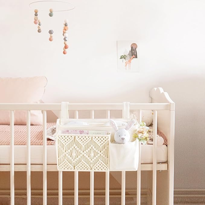 Mkono Bedside Caddy Hanging Organizer, Boho Macrame Storage with Fixed Straps and Hooks, 4 Pockets Holder Remote Magazine Accessories for Home Loft Bunk Bed, Dorm, Hospital Beds