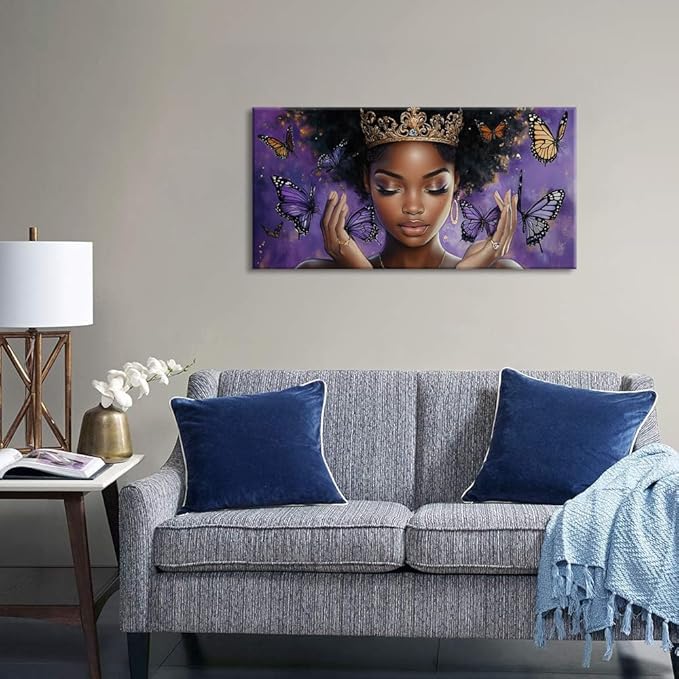 ZESTRILIA African American Wall Art for Girls Room Purple Black Butterfly Canvas Painting Prints Artwork Living Bedroom Office Decor (30x16 Inches)