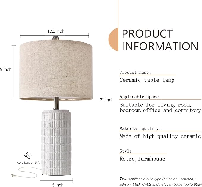PoKat 23" Table Lamp, Farmhouse Bedside Lamps for Bedroom Set of 2, Ceramic End Table Lamps for Living Room, Traditional Nightstand Desk Lamps, Frosted White Lamps, Medium
