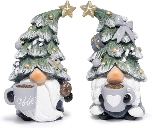 Hodao Christmas Elf Figurines with Tree Hats, Coffee Cup Elves Holiday Table Decorations, Cozy Festive Home Decor Accents for Living Room, Fireplace Mantel, Dining Table (Grey)