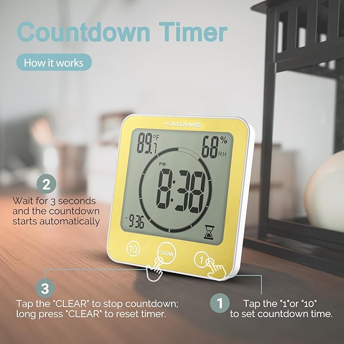 KADAMS Shower Clock Waterproof Bathroom Timer – Digital Wall Clock with Countdown, Magnetic Kitchen Clock with Temperature & Humidity, Suction Cup for Kids Shower Spa Sauna Cook Bath (Yellow)