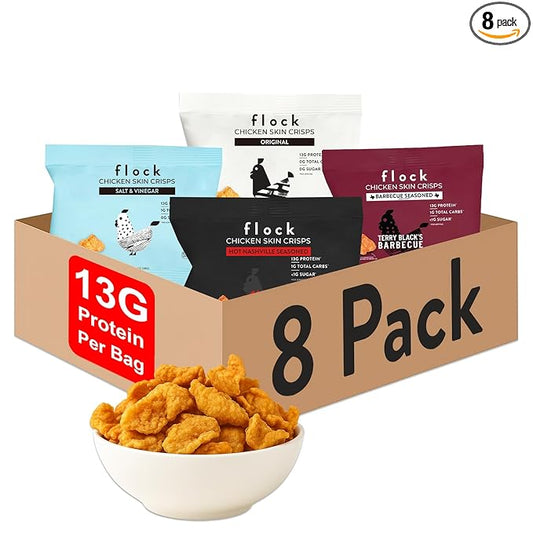 Flock Keto Chicken Skin Chips | 4 Flavors Variety Pack | Low Carb, High Protein, Sugar Free, Gluten Free Fried Chicken Skins for People | (1oz) 8-Pack Crispy Flock Chips