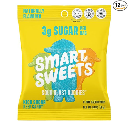SmartSweets Sour Blast Buddies, Low Sugar Gummy Candy (3g), Low Calorie (130), Gluten-Free -1.8oz (Pack of 12) Packaging may vary