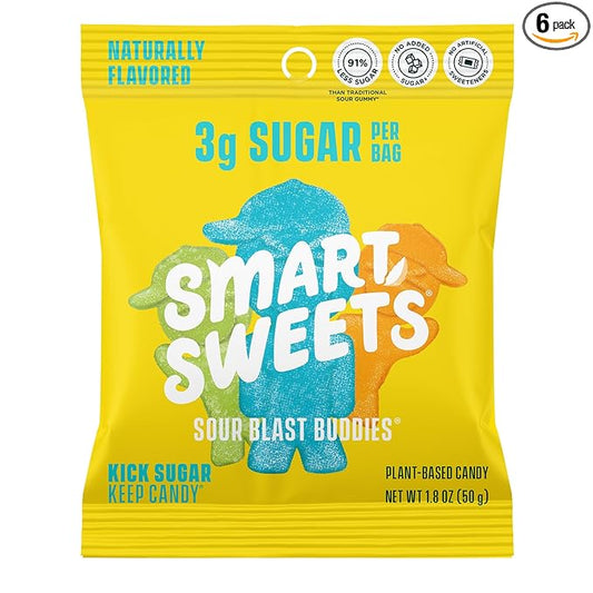 SmartSweets Sour Blast Buddies, Low Sugar Gummy Candy (3g), Low Calorie (130), Gluten-Free -1.8oz (Pack of 6) Packaging may vary