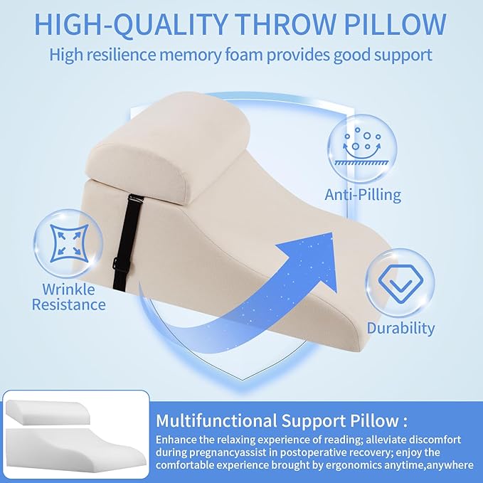 Reading Pillow for Bed Adult, Memory Foam Wedge Pillow Headboard with Adjustable Lumbar Support Backrest Cushion for Sitting in Bed/Resting/Bedrest, Couch or Floor, Beige