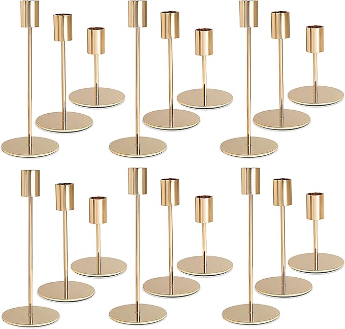 Gold Candlestick Holders - Bulk Decorative Metal Candelabra for Taper Candles - Fit 0.8 Inch Diameter - Gold Taper Candle Stands for Wedding Home Party Table Decor (Set of 18)