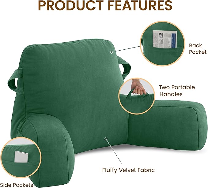 Portable Comfy Reading Pillows for Bed Sitting Up(Green Oeko-Tex), Velvet Back Pillow with Arms & Pockets for Adults, Support Memory Foam Bed Pillow for Dorm/Reading/Watching/Gaming