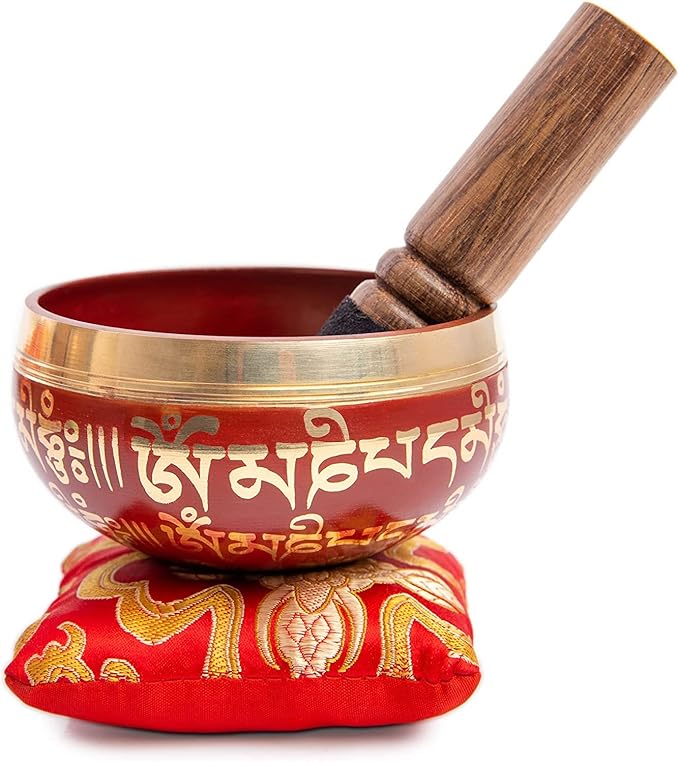 Tibetan Singing Bowl Set - Easy To Play for Beginners - Authentic Handcrafted Mindfulness Meditation Holistic Sound 7 Chakra Healing Gift by Himalayan Bazaar (Crimson)