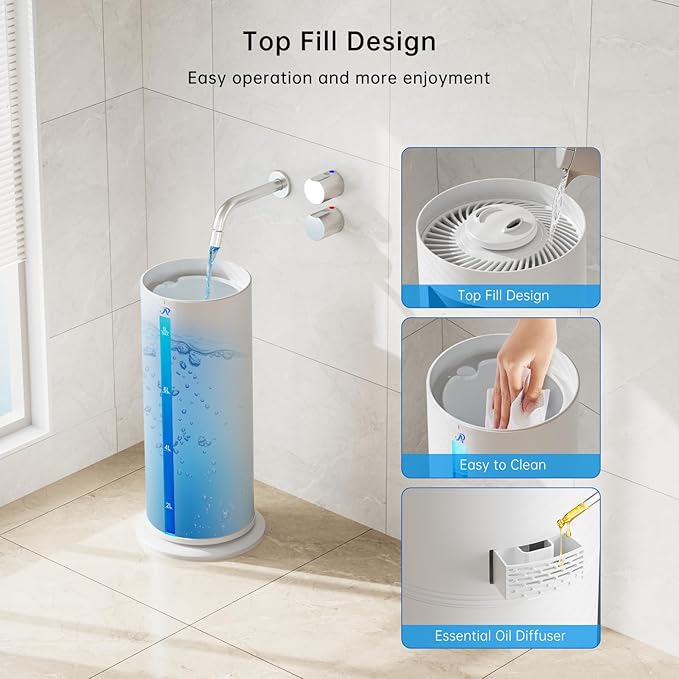 8L Smart Humidifier Large Room, Top Fill Humidifiers for Bedroom with Diffuser, 7 Color Lights, 16H Timer, Auto Mode, APP & Remote Control, 4 Levels Cool Mist Air Humidifier for Plants Home Office