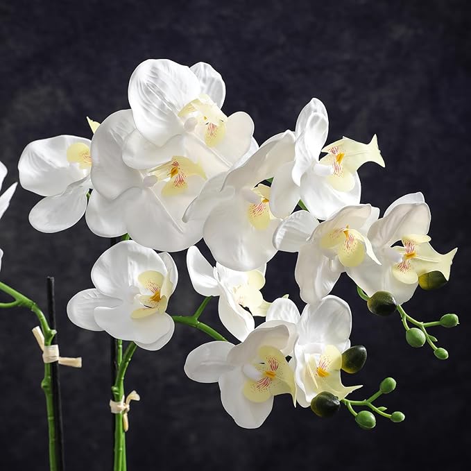 Artificial White Orchid Plant in Gray Ceramic Pot, Realistic Faux Flowers Indoor Decorative Display, 21-Inches Tall, Non-Allergenic, Maintenance-Free