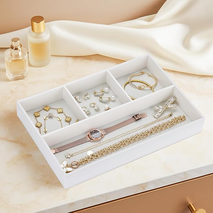 GORESE Faux Leather Valet Tray, Stackable Jewelry Trays for Dresser Table Drawer, Nightstand Organizer for Men Women, EDC Catch All Tray for Trinket, Key, Purse, Sunglass, Watch, Cologne, White