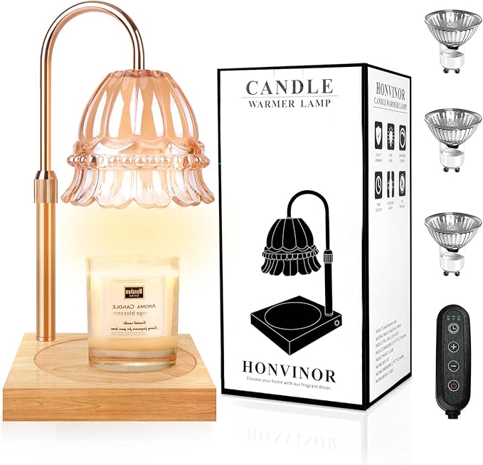 Candle Warmer Lamp, Candle Warmer Lamp Adjustable Height, Candle Warmer Light with Timer & Dimmer, Compatible with Jar Scented Candles, Flower Candle Warmer with 3 Bulbs for Home Decor