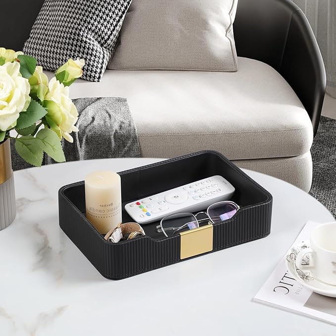 Valet Tray Desktop Storage Organizer, PU Leather Catchall Bedside Vanity Tray with Brass Accents Block Nightstand Organizer for Keys Watch Wallet Phone, Decorative Nightstand Storage (Black)