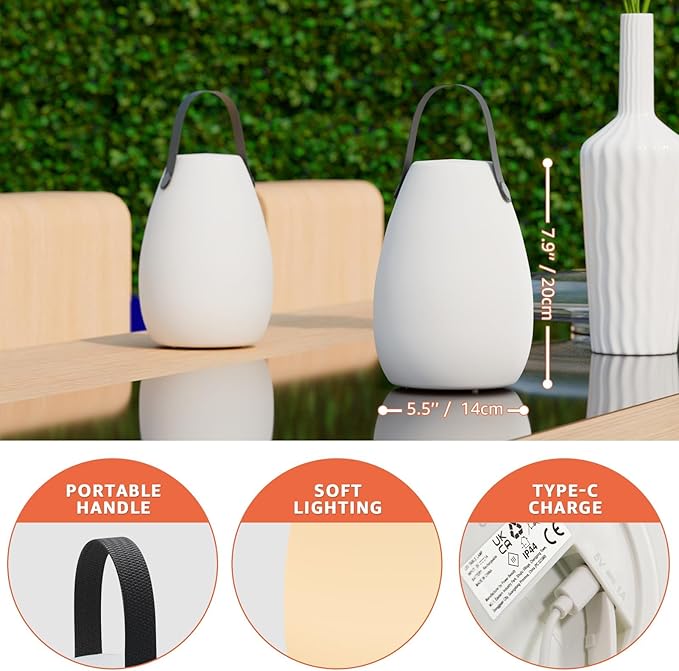 uuffoo Portable Outdoor Table Lamp - Dimmable Rechargeable Night Lights w/Remote and 7 RGB Colors, IP44 Water-Resistant Hanging Lantern for Patio, Tent, Bedroom, Garden, Emergency