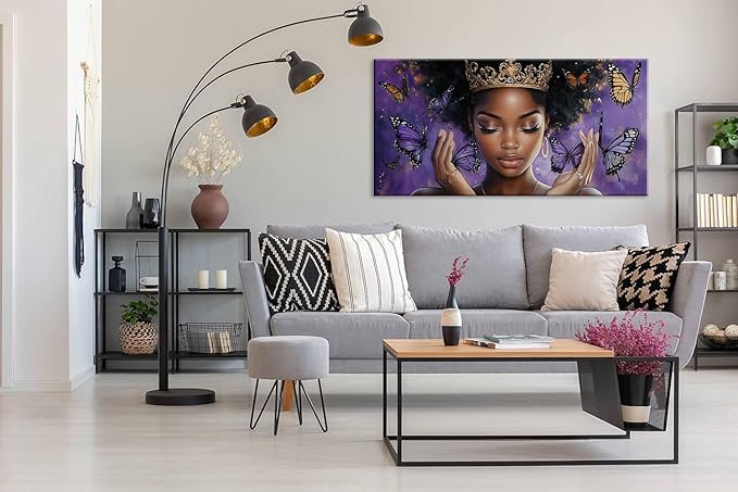 ZESTRILIA African American Wall Art for Girls Room Purple Black Butterfly Canvas Painting Prints Artwork Living Bedroom Office Decor (30x16 Inches)