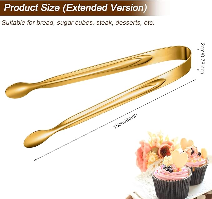 Gejoy 12 Pieces Mini Tongs Stainless Steel Small Sugar Serving Tongs for Charcuterie Board Appetizers Dessert Serving Food Tiny Party Danish Candy(6 Inch,Gold)