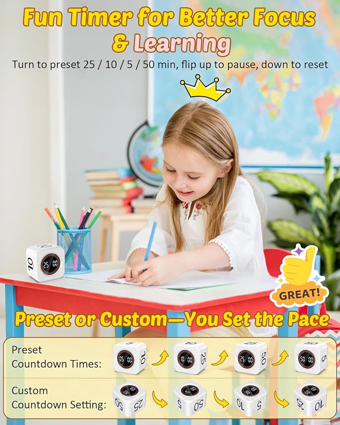 Pomodoro Timer Cube Visual Productivity Flip Timer for Kids Classroom Desk, 5/10/25/50min& Custom Countdown, Silent&Sound Mode Digital Cube for ADHD Study Work School Game Kitchen (White)