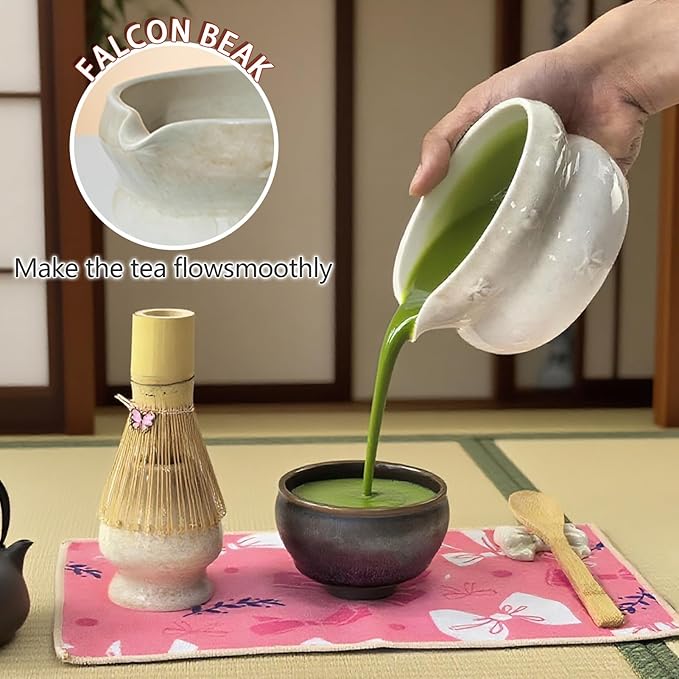 Matcha Whisk Set, 8 PCS Ceramic Set Includes 15-OZ Matcha Bowl with Spout, Bamboo Tea Whisk and Stand, Scoop and Spoon. Matcha Kit for Matcha Lovers and Beginners (white)