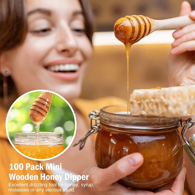 100 PCS Wooden Honey Dipper Sticks, 3 Inch Honey Sticks Mini Honeycomb Sticks, Mini Honey Dipper Honey Stirrers for Honey Jar Dispense Drizzle Honey and Wedding Party Favors Gift