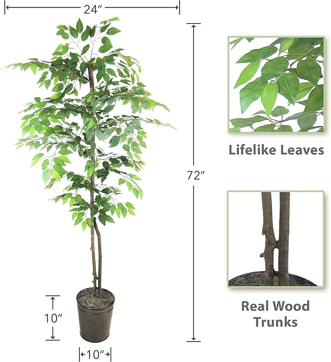 Artificial Ficus Trees in Copper Metal Pots, Set of 2 - Real Wood Trunk, Preassembled, No Maintenance Indoor Faux Plant - Living Room & Home Decor (4ft & 6ft)