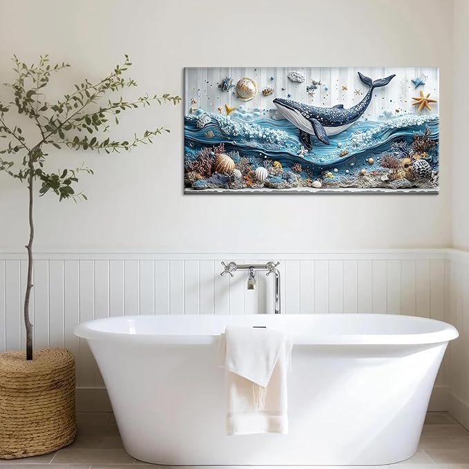 ZESTRILIA Ocean Whale Wall Art for Kids Room Navy Blue Marine Organism Underwater World under the Sea Canvas Painting Prints Artwork Family Living Bedroom Decor (30x16 Inches)